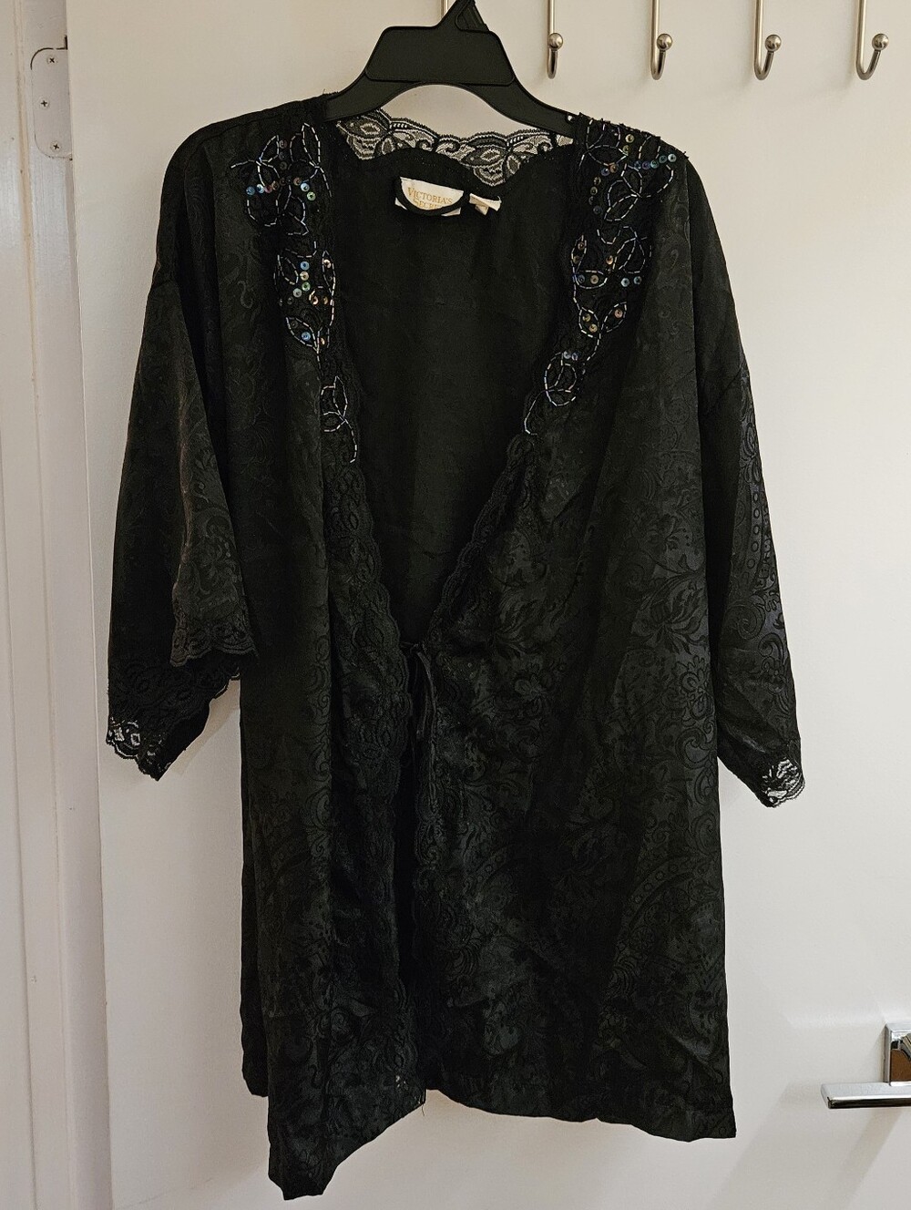 Vintage Victoria's Secret Gold Label Black Jacquard Beaded Kimono Robe OSFM